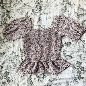 Floral Pink/Peach Puffed Shoulder Peplum Top